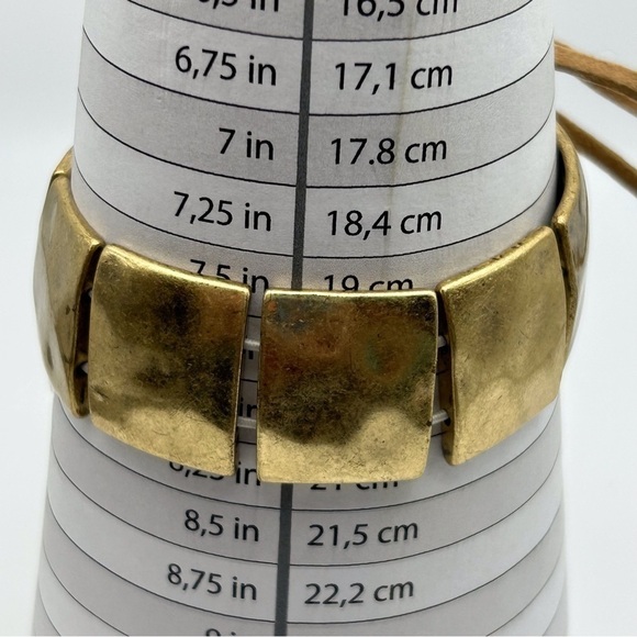 Boho Gold Tone Square Stretch Bracelet with Leather Lace Tie Up Design - Picture 9 of 10